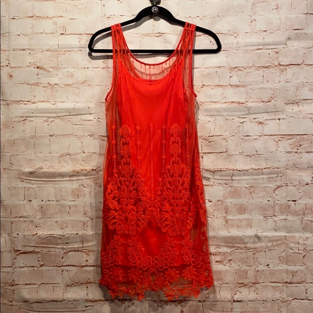Free People lace overlay shift dress XS red slip